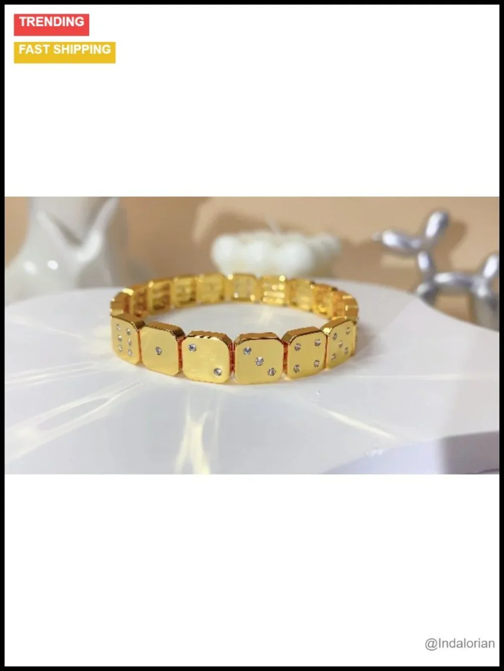 Gold Dice Bracelet Cubic Zirconia Copper Stretch